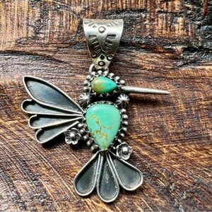 Handmade Sterling Silver Hummingbird Pendant Kingman Turquoise Southwestern